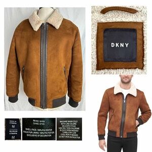 DKNY Men Medium Faux Suede Shearling Bomber Jacket w/  Faux Fur Collar EUC